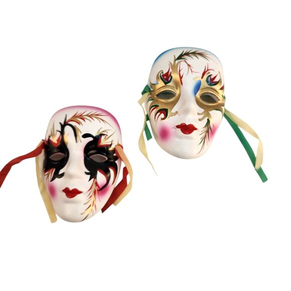 Venetian Style Mardi Gras Decorative Wall Masks Set Of 2 With Ribbon Ties For Ar - Picture 1 of 7